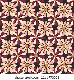Abstract 70s vector background. Colorful seamless pattern with vintage vector groovy flowers. Design for textile print, stationery, wrapping paper