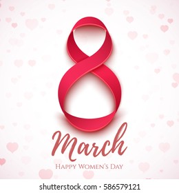 Abstract 8 March greeting card template with pink hearts. International Women's day background or brochure. Vector illustration.