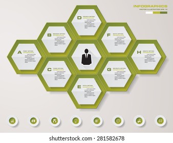 abstract 8 steps in hexagonal shape template with free space for your sample text&data. Vector Illustration