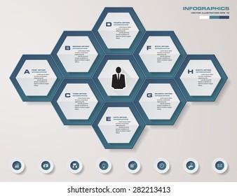 abstract 8 steps in hexagonal shape template with free space for your sample text&data. Vector Illustration