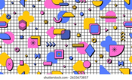 Abstract 80s 90s geometric Memphis seamless pattern. Vector background with retro modern shapes and elements on checkered notebook page. Vibrant decorative tile ornament with bright creative figures