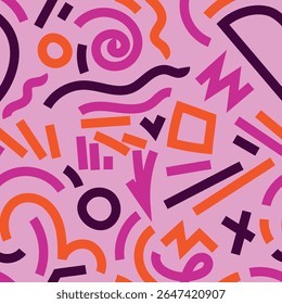 Abstract 80s or 90s hand drawn seamless pattern. memphis style hand drawn illustration. Bright trendy color palette. Circles, squares, lines, spiral. Pink, violet, orange.