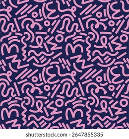 Abstract 80s or 90s hand drawn seamless pattern. memphis style hand drawn illustration. Bright trendy color palette. Circles, squares, lines, spiral. Navy