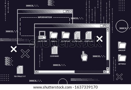 Abstract 80s interface. Retro computer black screen with old programs dark UI, program glitch and hack or virtual virus attack vector illustration. Operating system with software failure, crush, bug.