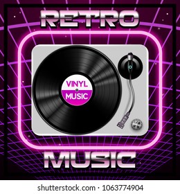 Abstract 80s retro background with gramophone and vinyl record, vector illustration