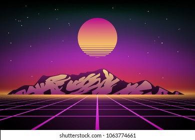 Abstract 80s retro background with mountains, vector illustration
