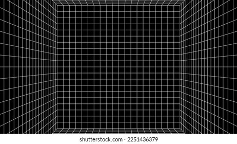 Abstract 80s styled computer background. Sci-fi architecture interior with retro lines. Synthwave or retrowave grid room.