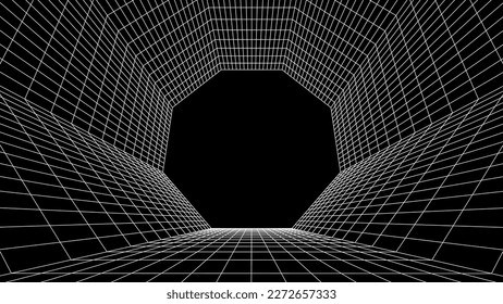 Abstract 80s styled computer background. Sci-fi architecture interior with retro lines. Synthwave or retrowave grid room.
