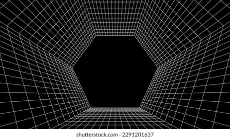 Abstract 80s styled computer background. Sci-fi architecture interior with retro lines. Synthwave or retrowave grid room.