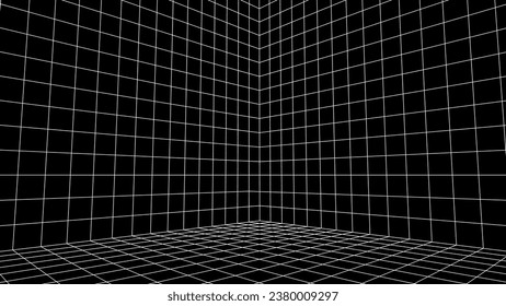 Abstract 80s styled computer background. Sci-fi architecture interior with retro lines. Synthwave or retrowave grid room.