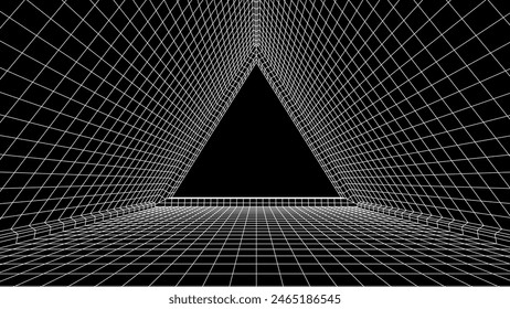 Abstract 80s styled computer background. Sci-fi architecture interior with retro lines. Synthwave or retrowave grid room.