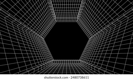 Abstract 80s styled computer background. Sci-fi architecture interior with retro lines. Synthwave or retrowave grid room.