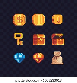 Abstract 8-bit pixel art web icons set. Diamond, gold coin and key, pirate chest, bag. Design for logo game, sticker, web, mobile app, badges and patches. Isolated vector illustration