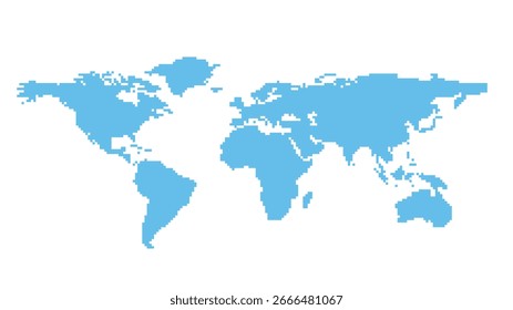 Abstract 8-bit pixel art world map mosaic of small squares. Vector illustration.