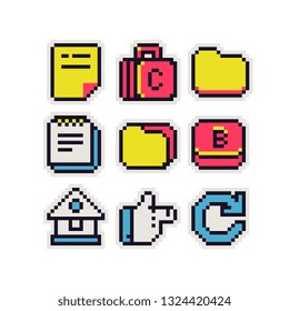 Abstract 8-bit stickers pixel art web icons set, sticker design pack. Arrow, button, folder, home sign and briefcase. Design for logo, stamp, web, app, badges and patches. Isolated vector illustration