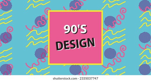 Abstract 90s styled background with copy space. Pattern on a blue background. Bright trendy colors. Vector flat illustration.