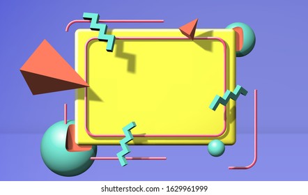 Abstract 90s styled frame with copy space and flying colorful 3d objects and shapes over violet background and yellow board