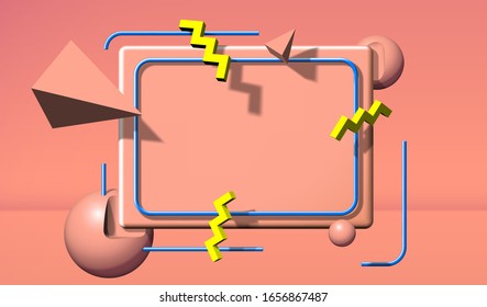 Abstract 90s styled frame with copy space and flying colorful 3d objects and shapes over pink background and text board