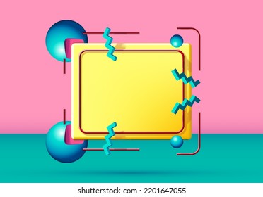 Abstract 90s styled frame with copy space and flying colorful 3d objects and shapes over pink and green background and yellow board