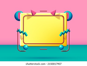 Abstract 90s styled frame with flying 3d objects and shapes. Pink and green background.