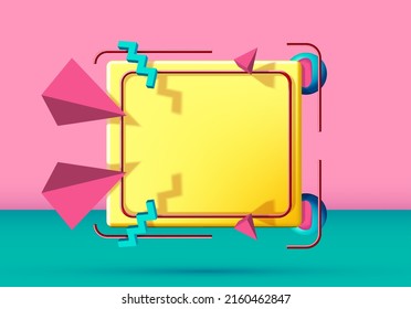 Abstrakter 90er-Jahre-Stilrahmen mit fliegenden 3D-Objekten und -Formen. rosafarbener und grüner Hintergrund.