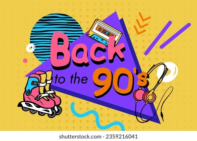 Abstract 90s styled template. Vector memphis poster card or invitation with geometric elements, roller skates, phones and tape cassette. back to the 90's.