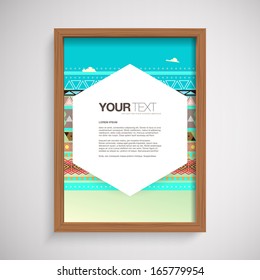 Abstract A4 / A3 poster design in wooden picture frame with your text and Aztec style pattern background  Eps 10 vector illustration