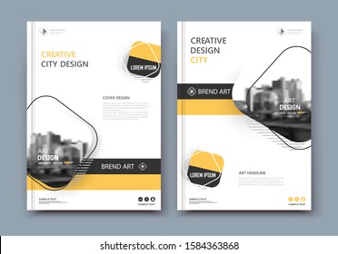 Abstract a4 brochure cover design. Text frame surface. Urban city view font. Title sheet model. Creative vector front page. Brand logo ad banner texture. Yellow line, square figure icon. Flyer fiber