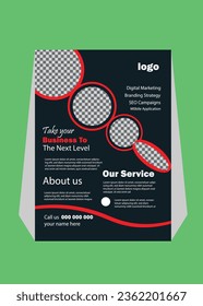 Abstract a4 brochure cover design. Template for banner text, ad business card, title sheet model set, info flyer font. Patch vector front page art with urban city river bridge. Red, black figures .