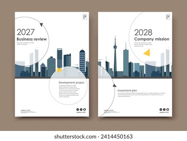 Abstract a4 brochure cover design. Ad text frame. Urban city view font. Title sheet model. Modern vector front page. Brand logo. Banner texture. Black, white triangle, Yellow line icon. Flyer fiber