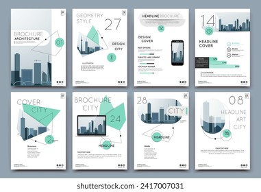 Abstract a4 brochure cover design. Ad text frame. Urban city view font. Title sheet model. Modern vector front page. Brand logo. Banner texture. Black, white triangle, Green line icon. Flyer fiber