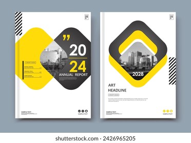 Abstract a4 brochure cover design. Ad text frame. Urban city view font. Title sheet model. Modern vector front page. Brand logo. Banner texture. Black, white ring figure, Yellow line icon. Flyer fiber