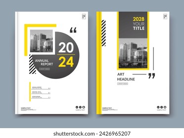 Abstract a4 brochure cover design. Ad text frame. Urban city view font. Title sheet model. Modern vector front page. Brand logo. Banner texture. Black, white ring figure, Yellow line icon. Flyer fiber