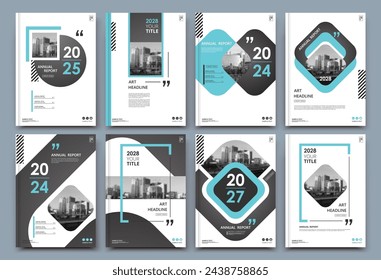 Abstract a4 brochure cover design. Ad text frame. Urban city view font. Title sheet model. Modern vector front page. Brand logo. Banner texture. Black, white ring figure, Blue line icon. Flyer fiber