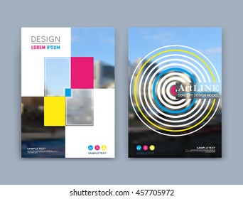 Abstract a4 brochure cover design. Text frame surface. Urban city view title sheet model. Creative vector front page. Ad banner form texture. Circle target, square block figure icon. Flyer fiber font