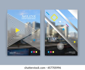 Abstract a4 brochure cover design. Text frame surface. Urban city view title sheet model. Creative vector front page. Ad banner form texture. Circle, lozenge square block figure icon. Flyer fiber font