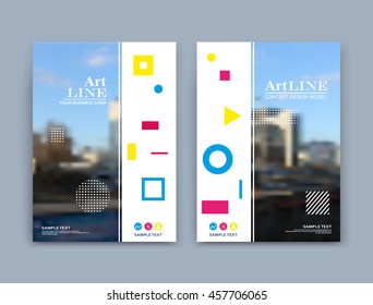 Abstract a4 brochure cover design. Art text frame surface. Urban city view title sheet model. Creative vector front page. Ad banner form texture. Circle, triangle, square figure icon. Flyer fiber font