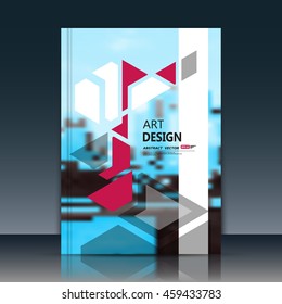 Abstract a4 brochure cover design. Art text frame surface. Patch title sheet model. Creative vector front page. Ad form texture. Red triangle figure icon. White vertical stripe. Blue flyer fiber font