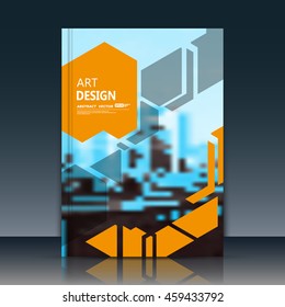 Abstract a4 brochure cover design. Art text frame surface. Patch title sheet model. Creative vector front page. Ad form texture. Orange, grey triangle, arrow lones figure icon. Blue flyer fiber font