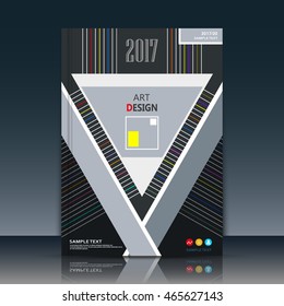 Abstract a4 brochure cover design. Art text frame surface. Patch title sheet model. Creative vector front page. Ad form texture. Red, blue, yellow lines, triangle figure icon. Black flyer fiber font