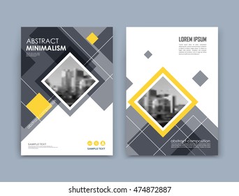 Abstract a4 brochure cover design. Text frame surface. Urban city view font. Black and white title sheet model. Creative vector front page. Ad banner texture. Yellow lozenge figure icon. Flyer fiber