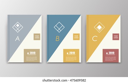 Abstract a4 brochure cover design. Grey, blue, yellow ad frame font. Title sheet model. Creative vector front page. Flyer set. Banner texture. Brand logo icon. Firm monogram symbol fiber. Company name