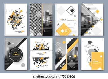 Abstract A4 Brochure Cover Design. Text Frame Surface. Urban City View Font. Title Sheet Model. Creative Vector Front Page. Brand Logo Ad Banner Texture. Yellow Round, Square Figure Icon. Flyer Fiber