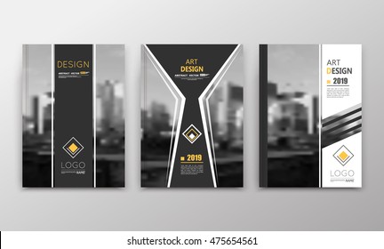 Abstract a4 brochure cover design. Text frame surface stripe. Urban city view font. Title sheet model. Creative vector front page. Ad banner texture. Yellow lozenge logo figure icon. Flyer fiber set