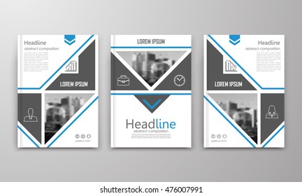 Abstract a4 brochure cover design. Text frame surface. Urban city view font. Title sheet model. Creative vector front page. Brand logo. Ad banner texture. Blue triangle, arrow figure icon. Flyer fiber