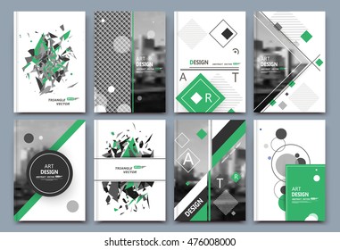 Abstract a4 brochure cover design. Text frame surface. Urban city view font. Title sheet model. Creative vector front page. Brand logo. Ad banner texture. Green round, square figure icon. Flyer fiber