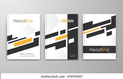 Abstract a4 brochure cover design. Ad frame font. Patch title sheet model. Creative vector front page art. Flyer set. Banner texture. Square logo icon. Black, yellow rectangles fiber. Striped ornament