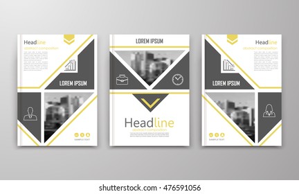 Abstract a4 brochure cover design. Text frame surface. Urban city view font. Title sheet model. Modern vector front page. Brand logo. Ad banner texture. Yellow triangle, arrow figure icon. Flyer fiber