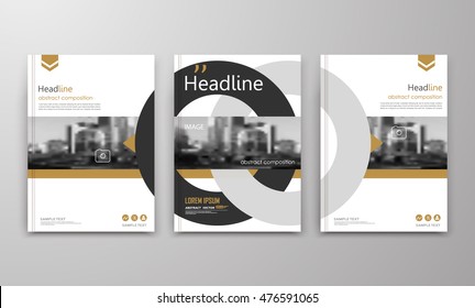 Abstract a4 brochure cover design. Ad text frame. Urban city view font. Title sheet model. Modern vector front page. Brand logo. Banner texture. Black, white ring figure, brown line icon. Flyer fiber