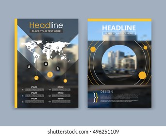 Abstract a4 brochure cover design. Black text frame surface. Urban city view font. Title sheet model set. Modern vector front page. Firm banner texture. Yellow circle figure icon. Round ad flyer fiber